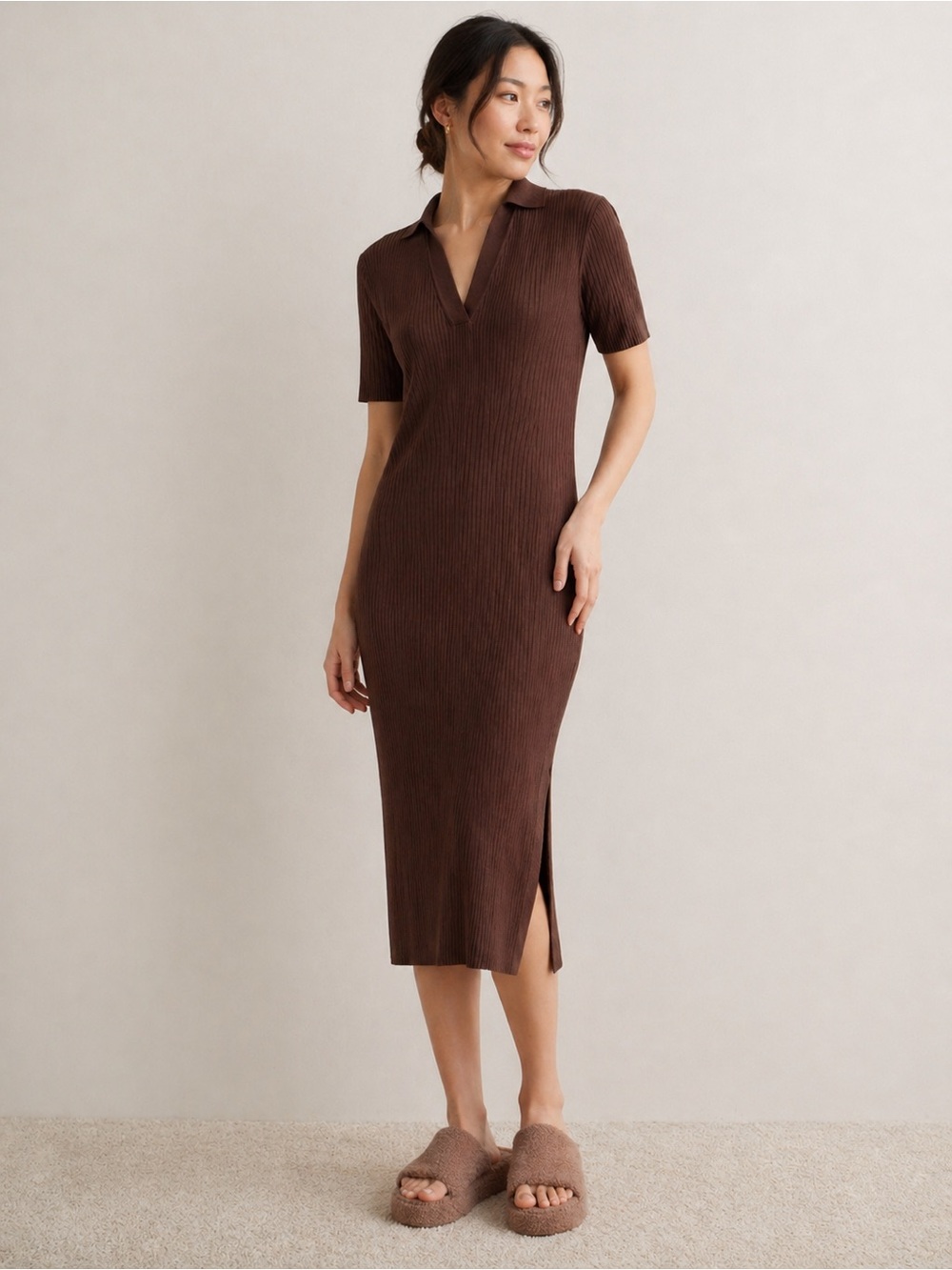 Banana Republic Ribbed Polo Sweater Dress Brown Midi Size L